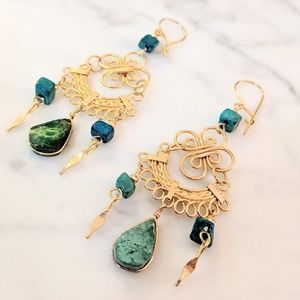 Gold and Green Semi Precious Stone Earrings